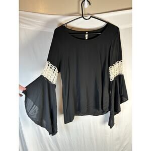 Elan Black Boho Bell Sleeve Top Size M Crochet Lace Detail Flowy Festival Style